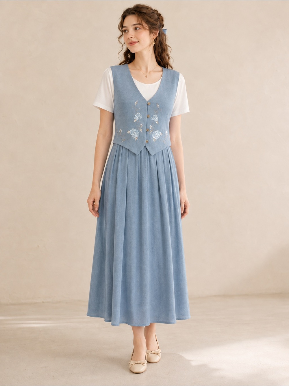 VTG Allison-Che Cottagecore Floral Embroidered Midi Dress Dusty Blue Size 16P